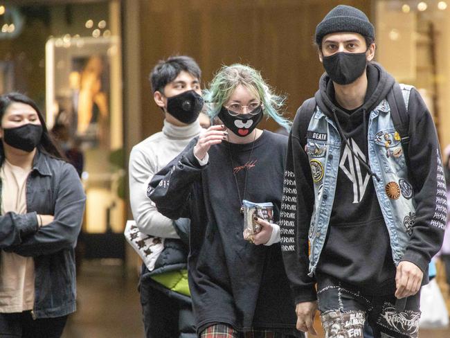 People seen wearing masks in Melbourne Central shopping centre in January, when masks were made mandatory in Victorian shopping centres. Picture: NCA NewsWire / David Geraghty