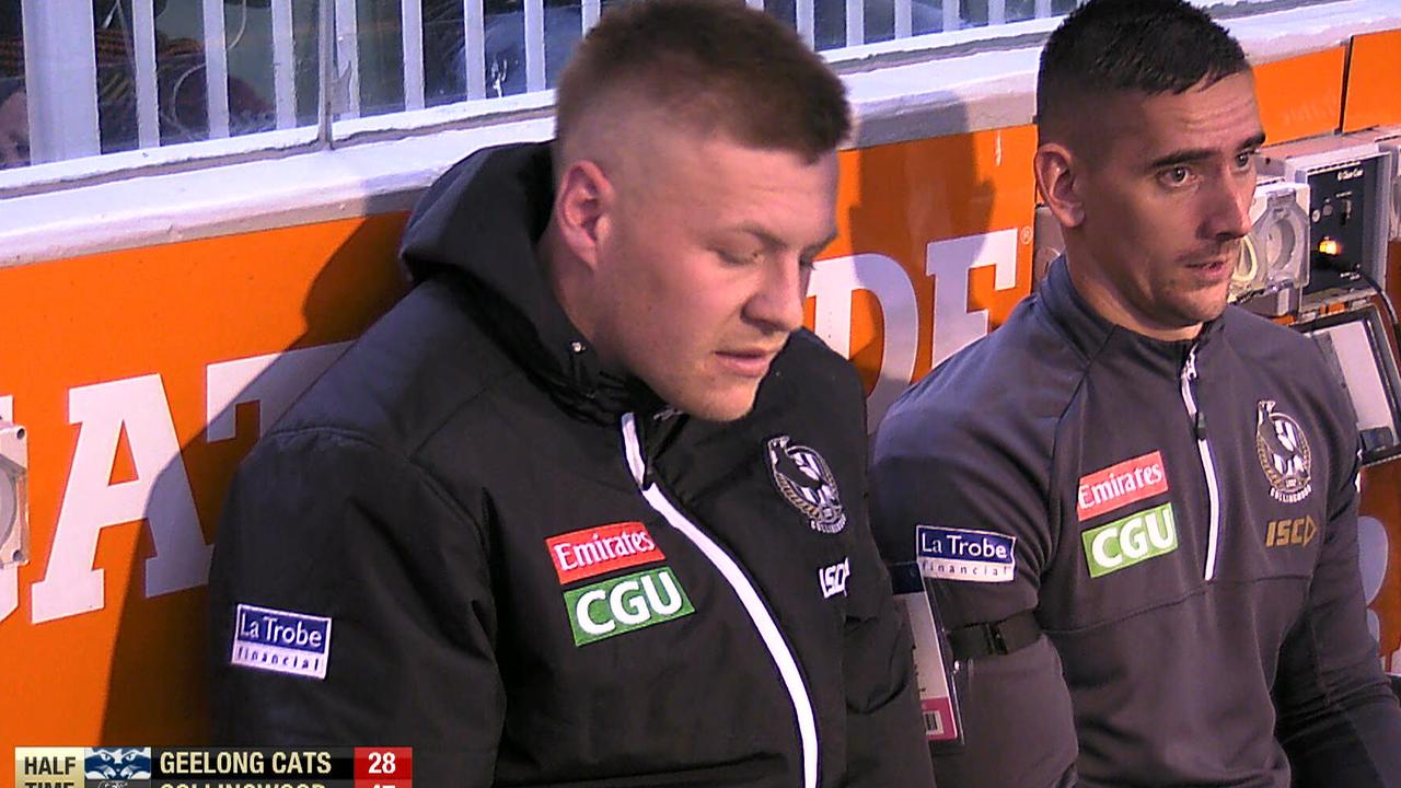 Collingwood's Jordan de Goey on the bench injured.