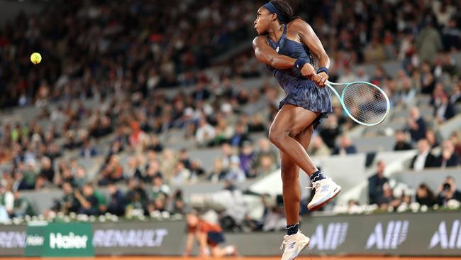 Coco Gauff hits a backhand against Lois Boisson of France. Picture: Julian Finney/Getty Images