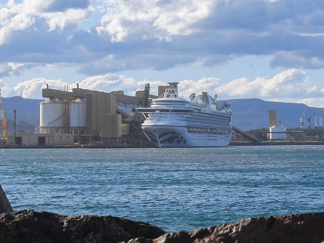 The quarantined cruise ship The Ruby Princess under inspection as it berths in Port Kembla. Picture: Sunday Telegraph/Simon Bullard