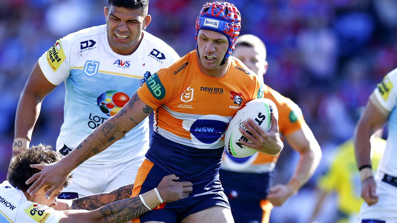 Kalyn Ponga of the Newcastle Knights takes on the Gold Coast Titans defence in Round 26 of the 2024 NRL season on September 1, 2024. Picture: NRL Photos