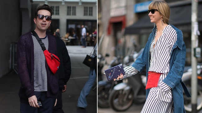 Nick Grimshaw, radio presenter, and Lisa Aiken, fashion director of Net-a-Porter, sporting the bum bag trend.