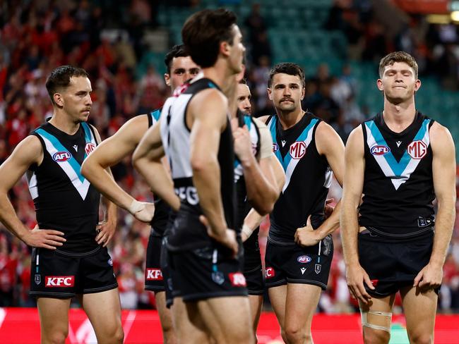 Port Adelaide players after Friday night’s loss. Picture: Michael Willson/AFL Photos