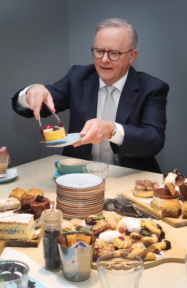 Prime Minister Anthony Albanese at a cafe in Bayswater, Victoria, to discuss cost of living. Picture: NewsWire/ David Crosling