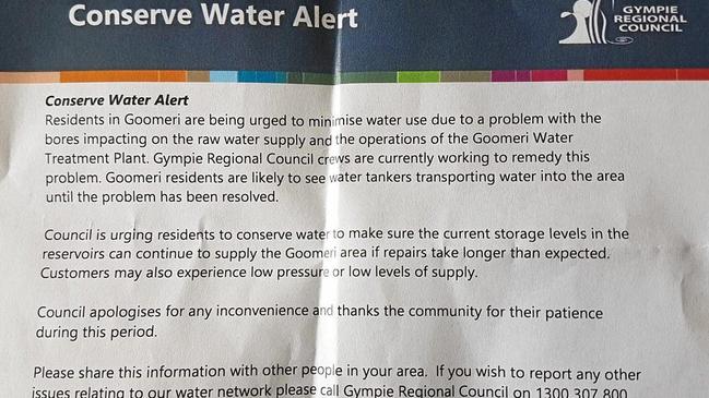 Gympie Regional Council flyer on Goomeri water problem. File Photo.