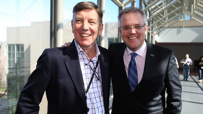 Channel 9 Reporter Lane Calcutt and Scott Morrison after he appeared on morning radio with Ray Hadley in the Canberra studio at Parliament House in Canberra in 2015.