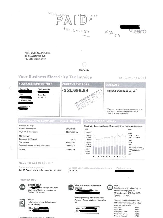 Last year’s Nippy’s energy bill. Picture: Supplied