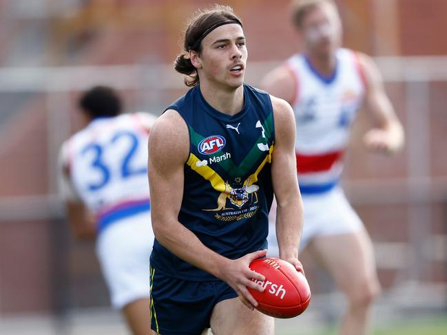 MELBOURNE, AUSTRALIA - APRIL 27: Ben Camporeale of the AFL Academy in action during the 2024 AFL Academy match between the Marsh AFL National Academy Boys and Footscray Bulldogs at Whitten Oval on April 27, 2024 in Melbourne, Australia. (Photo by Michael Willson/AFL Photos via Getty Images)