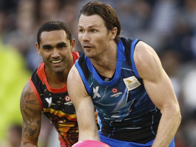 Patrick Dangerfield and Shaun Burgoyne playing during the AFLX tournament in Melbourne, on Friday … both have condemned the attack. Picture: AAP Image/Daniel Pockett 