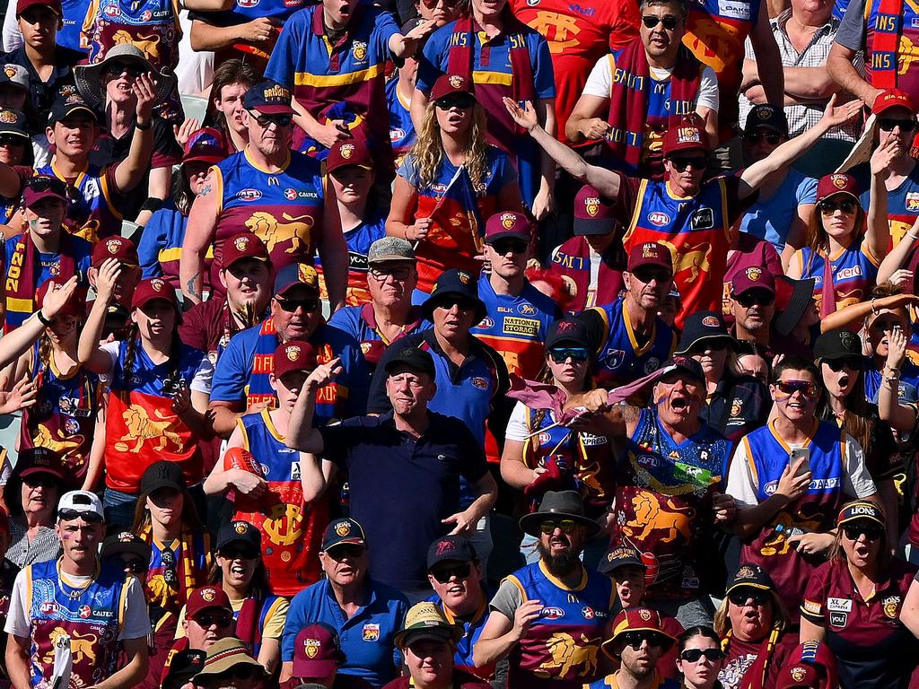 The massive Lions’ contingent at the MCG. Picture: Morgan Hancock/AFL Photos via Getty Images