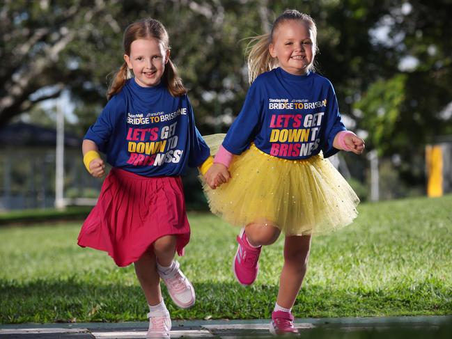 Elsie Cowan, 6, and Brooklyn Coupe, 6, in Bridge to Brisbane shirts for the launch of the 2024 Sunday Mail Transurban Bridge to Brisbane campaign, Newstead. Picture: Liam Kidston