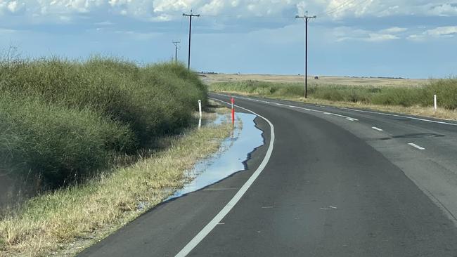 Lake Albert starting to cross the Princes Highway at the southern end of the Waltowa Causeway on January 8. Picture: Facebook/Vern Leng