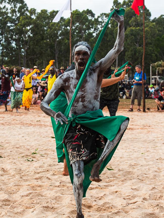 Dhalinybuy Wangurri flag raising dance at day one of Garma Festival on Friday August 2023. Picture: Pema Tamang Pakhrin