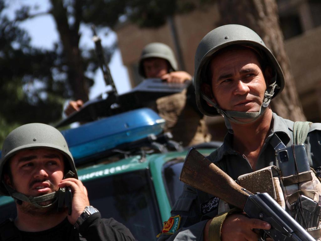 Afghan security officials in Herat city following intense battle with Taliban militants. Picture: EPA/Jalil Rezayee