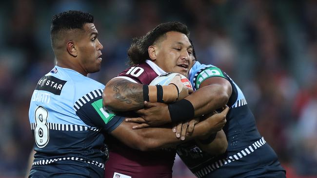 Josh Papalii on the charge for Queensland against NSW in the State of Origin series opener at Adelaide Oval. Picture: Brett Costello