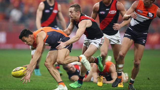 Dylan Shiel is tackled by Devon Smith. Pic: Getty Images