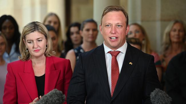 Queensland Premier Steven Miles and Minister for Women Shannon Fentiman said the historic legislation would make coercive control a criminal offence in the state. Picture: NCA NewsWire / John Gass