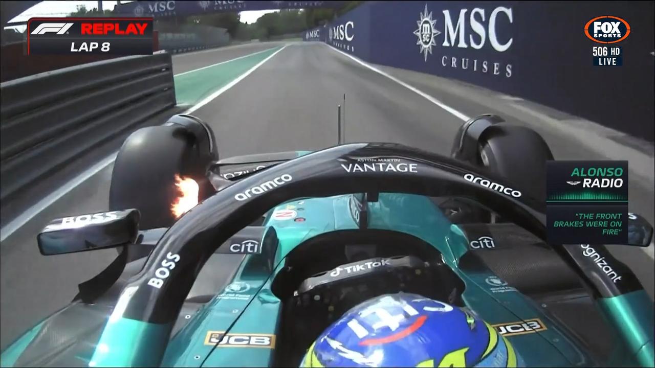 Fernando Alonso's brake was briefly on fire, but he was able to continue. Photo: Fox Sports