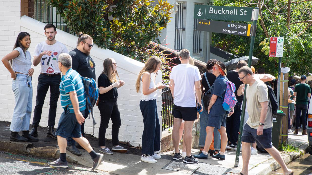 A 100 metre long line of people looking for rental housing in Newtown, Sydney. Picture: Chris Pavlich/The Australian