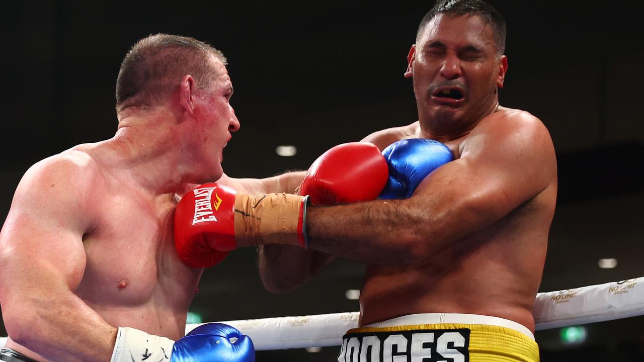 Paul Gallen and Justin Hodges will renew hostilities as the former NSW Origin skipper bows out of boxing. Picture: Chris Hyde/Getty Images