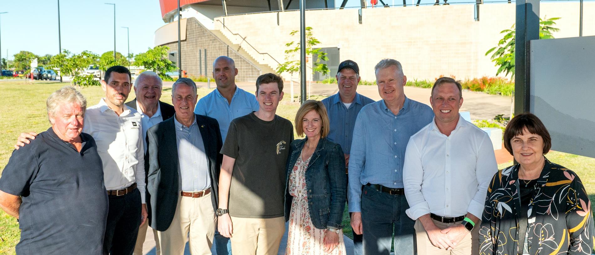 Great Barrier Reef Arena opening: Mary Mulherin, Adrian Young, Terry Doolan, Greg Williamson, Rory Mulherin, Erin Mulherin, Stirling Hinchliffe, Tony Burke, Steven Miles, and Julieanne Gilbert. Saturday 20 May 2023 Picture: Michaela Harlow