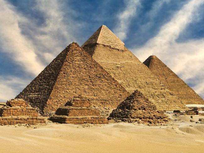General view of pyramids from the Giza Plateau (from left: the Pyramid of Menkaure /Mykerinos/, Khafre /Chephren/ and Chufu /Cheops/ — known as the Great Pyramid and three small pyramids popularly known as Queens' Pyramids on front side. Picture: Supplied