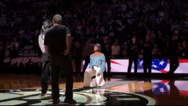 Singer Justine Skye performed the national anthem at the Brooklyn Nets home-opener.