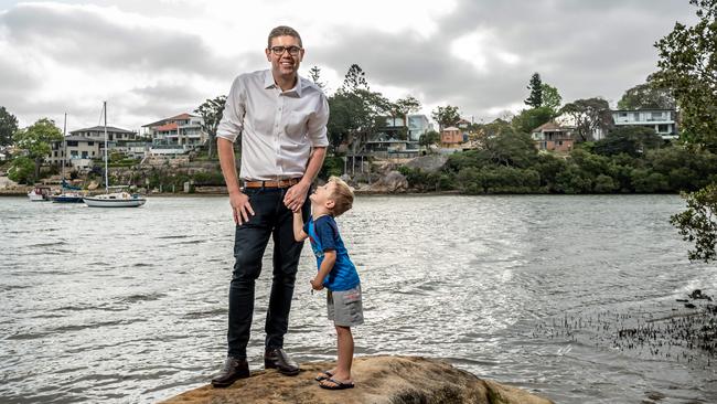 Ryde Mayor Jerome Laxale with his son Harry at the end of Ross St, Tennyson Point. Picture: Monique Harmer