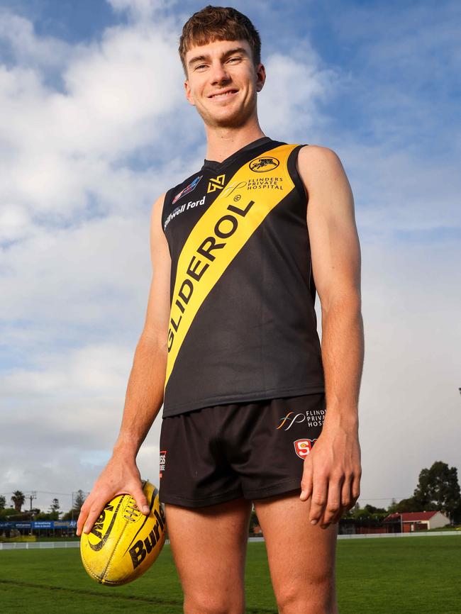 Glenelg’s Tom Schott has made a comeback from a serious left knee injury. Picture: Russell Millard