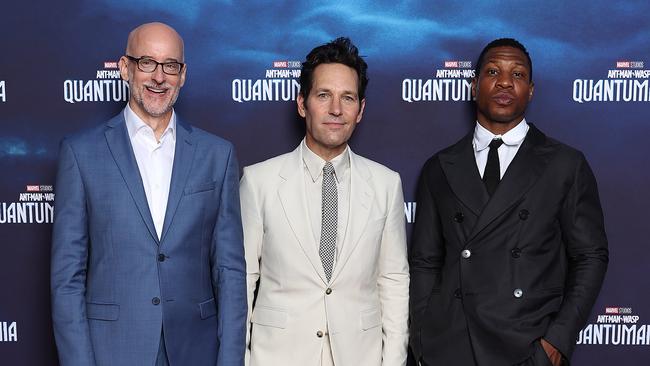 Director Peyton Reed, left, and stars Paul Rudd and Jonathan Majors attend the Ant-Man and The Wasp: Quantumania Sydney premiere on Thursday. Picture: Getty Images