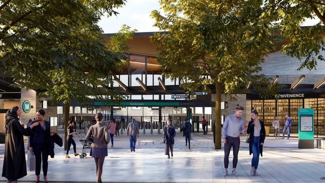 An artist's impression of how the new Bankstown station – where the Southwest Metro will terminate when work is completed in 2025. Photo: Supplied