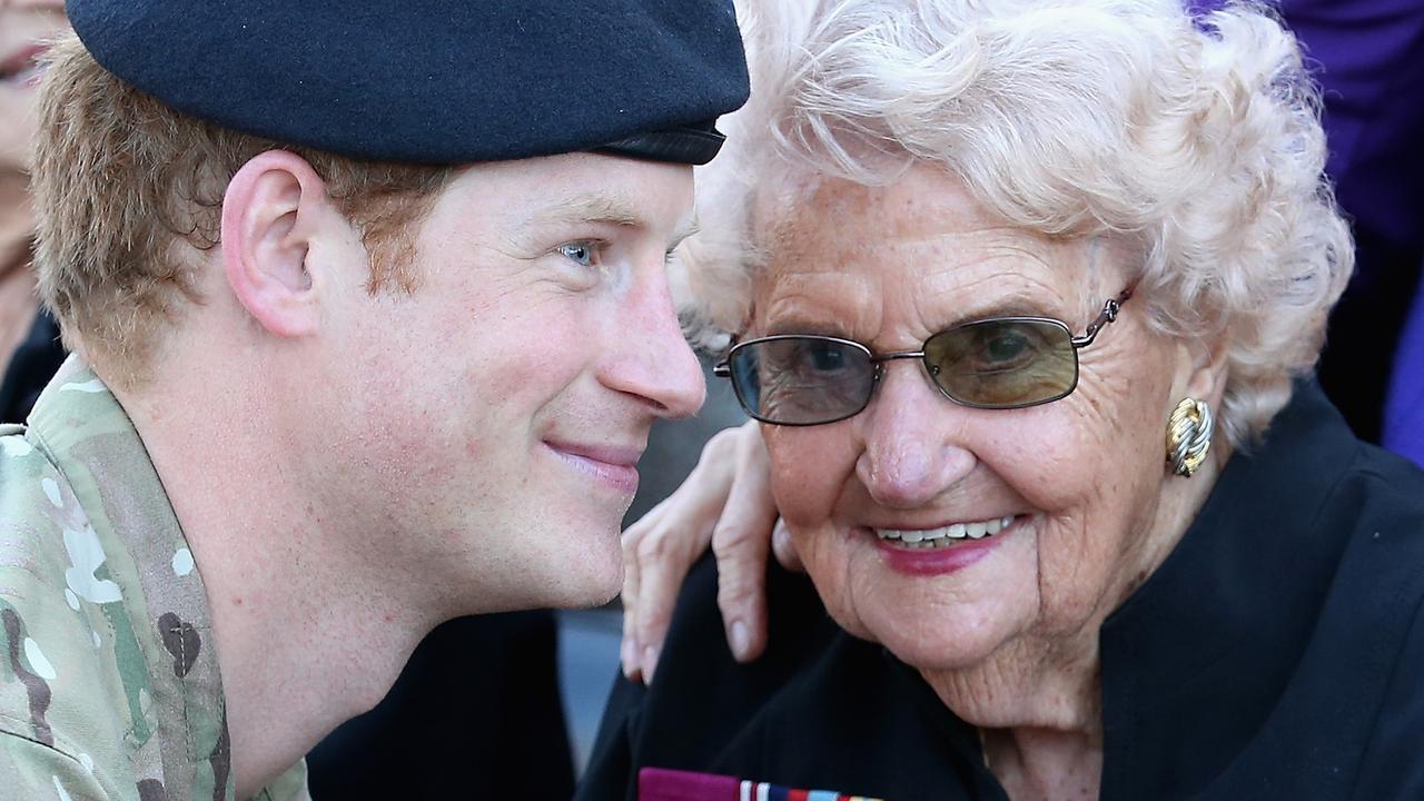 Prince Harry meets Daphne Dunne outside the Sydney Opera House on May 7, 2015.