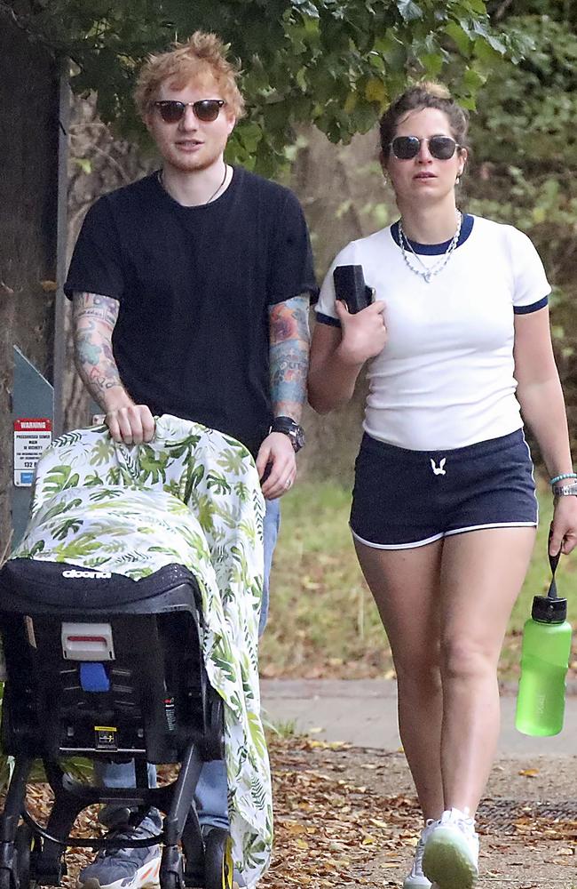 Ed Sheeran and wife Cherry Seaborn head out for a walk with their baby daughter Lyra, to explore the Mornington Peninsula town of Sorrento in 2021. Picture: MEDIA-MODE.COM