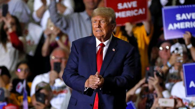 Former US President Donald Trump arrives for a Save America rally at Macomb County Community College Sports and Expo Center in Warren, Michigan, on October 1, 2022. (Photo by JEFF KOWALSKY / AFP)