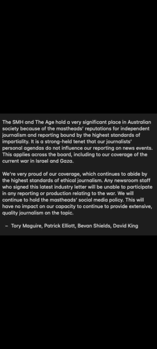 A screenshot of the letter sent to Age journalists about the Gaza-Israel conflict.