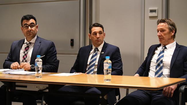 Slater sits with coach Craig Bellamy during the hearing. (AAP Image/Brendan Esposito)