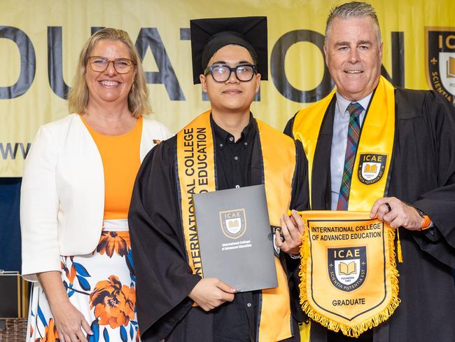 Minister Marie-Clare Boothby, Minh Hieu Pham and Sean Mahoney Chief executive at the International College of Advanced Education Graduation, May 2025. Picture: Pema Tamang Pakhrin