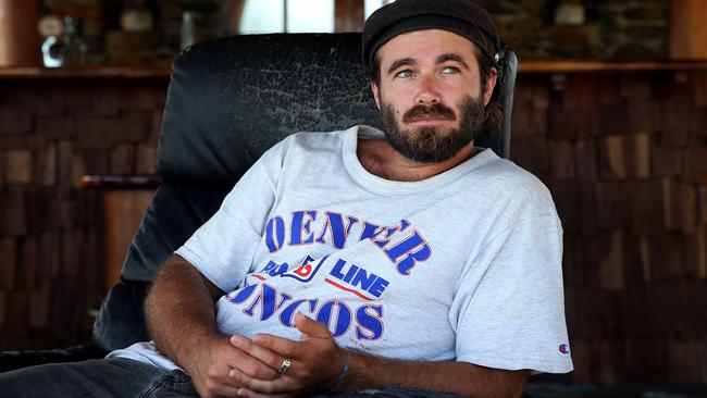 Angus Stone in his cabana on his property in the hinterland of Byron Bay. Picture: Jane Dempster / The Australian