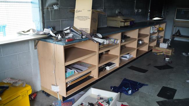 The club’s back room where equipment was left scattered across the floor as the vandals destroyed anything in their wake. Picture: Heidi Petith