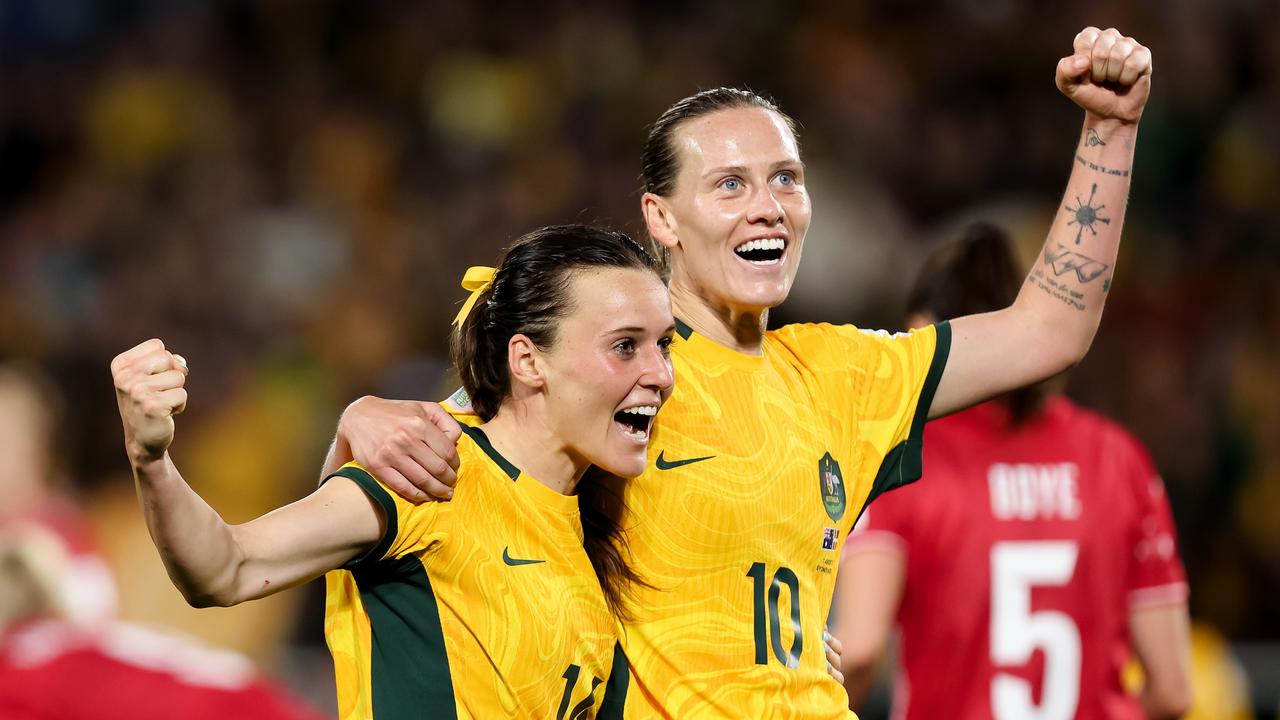 SYDNEY, AUSTRALIA – AUGUST 07: Hayley Raso of Australia celebrates her goal with Emily van Egmond of Australia during the Women's World Cup round of 16 football match between the Australia Matildas and Denmark at Stadium Australia on August 07, 2023 in Sydney, Australia. (Photo by Damian Briggs/Speed Media/Icon Sportswire via Getty Images)