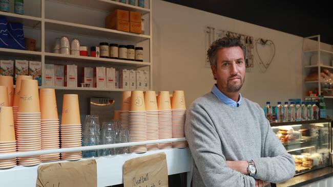 16/3/20: Jonno Harvey at his cafe Luxe at Barangaroo in Sydney. Struggling because of the coronavirus keeping people away. John Feder/The Australian.