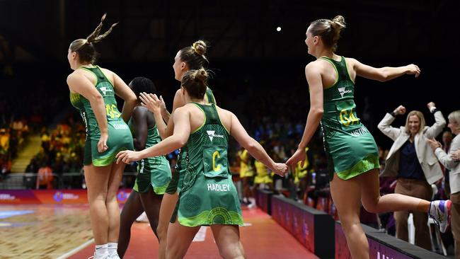 Australia players celebrate their semi-final victory over Jamaica. Picture: Ashley Vlotman/Gallo Images
