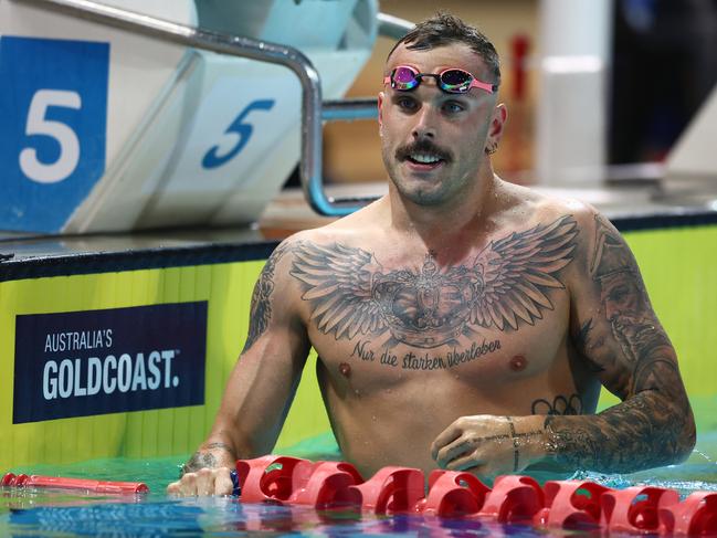 GOLD COAST, AUSTRALIA - APRIL 17: Kyle Chalmers celebrates winning the Men's Open 50m Butterfly Final during the 2024 Australian Open Swimming Championships at Gold Coast Aquatic Centre on April 17, 2024 in Gold Coast, Australia. (Photo by Chris Hyde/Getty Images)