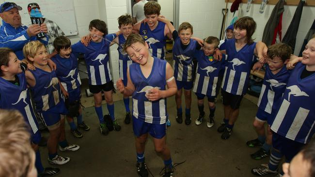 Jack and his Newstead teammates celebrate their 75-0 win against Trentham. Picture: Norm Oorloff