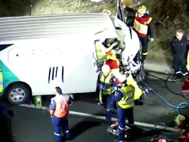 A man was trapped in his car after a high speed multi vehicle crash on the M7 at Rooty Hill. Picture: 7News