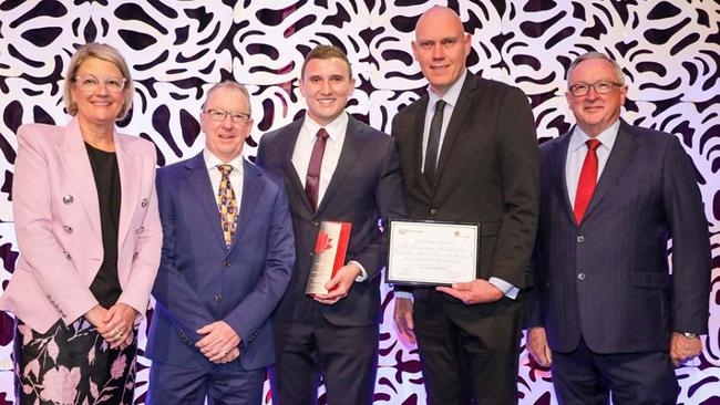 AWARD WINNING: NSW Health Secretary Elizabeth Koff, Dr Brett Lynam, Evan Bryant, Chris Hanna and Minister for Health Brad Hazzard.