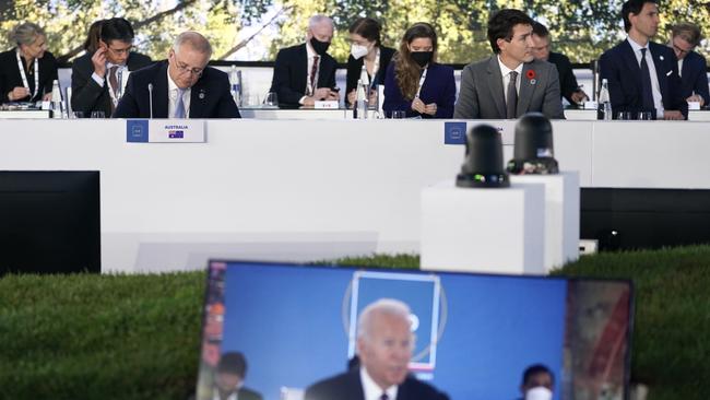 Australian Prime Minister Scott Morrison attends the Supply Chain Resilience Global summit with US President Joe Biden at the G20 in Rome. Picture: Adam Taylor