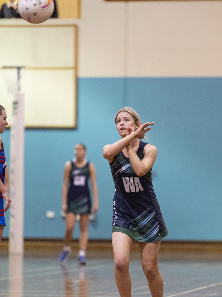 Rose Coren of St Ursula's Senior A against Downlands First VII in Merici-Chevalier Cup netball at Salo Centre, Friday, July 19, 2024. Picture: Kevin Farmer