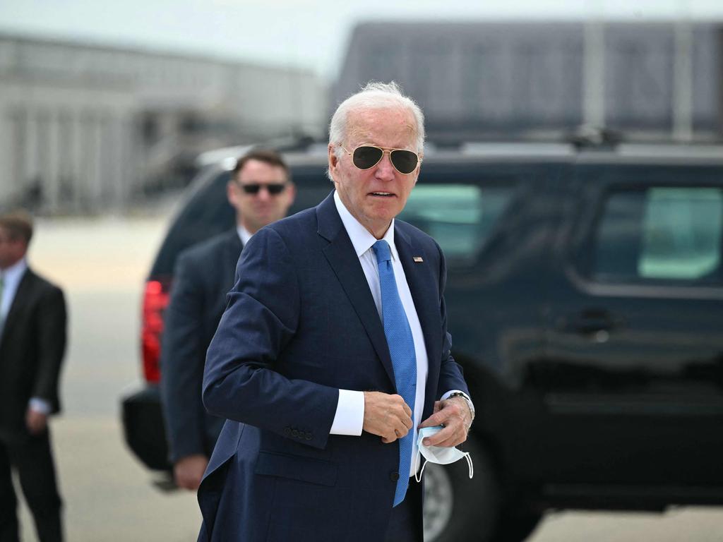 US President Joe Biden arrives to board Air Force One in his first public appearance since isolating with Covid six days earlier. Picture: AFP