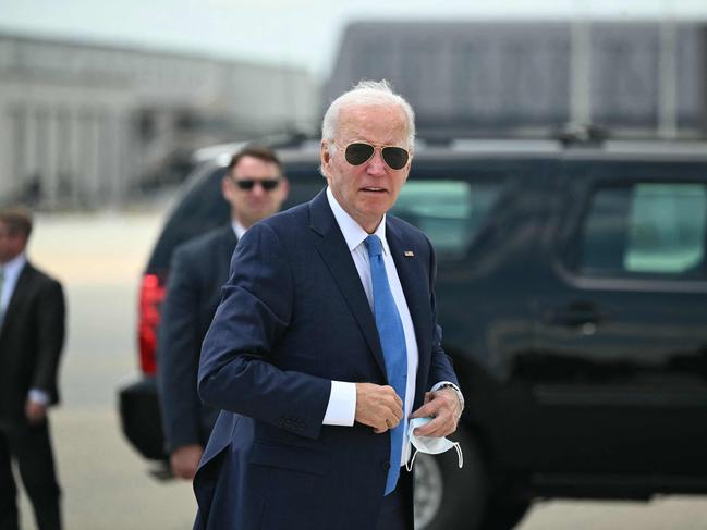 US President Joe Biden arrives to board Air Force One in his first public appearance since isolating with Covid six days earlier. Picture: AFP